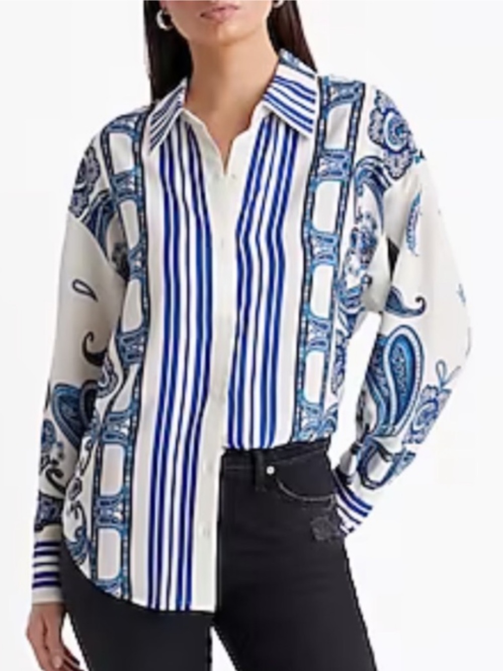 Express White & Blue Paisley Stripe Button-Front- silky feel-Blouse- worn once.
